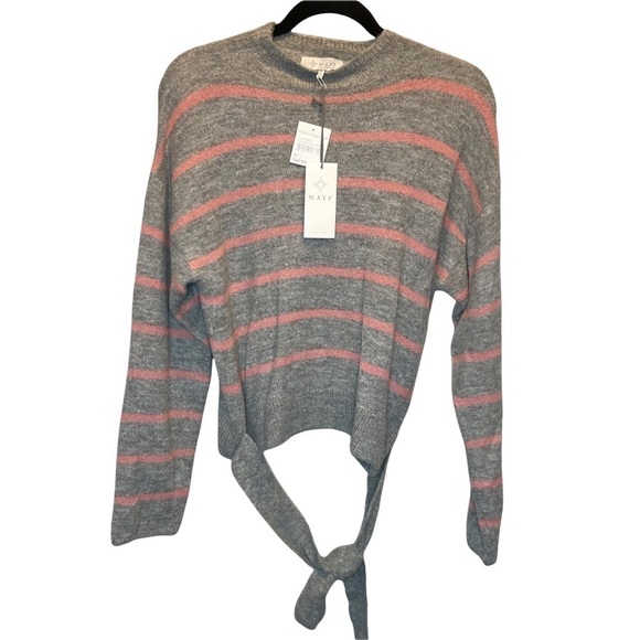 WAYF Where Are You From Mock Neck Tie Waist Sweater Light Grey Pink Stripe M New - Picture 2 of 6